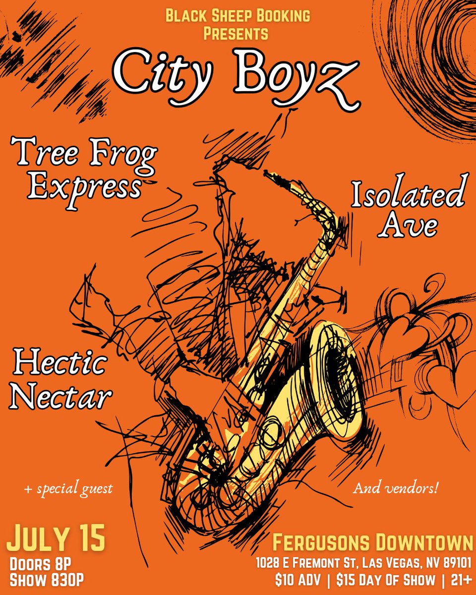 ✨️🎷 TONIGHT! 🎷✨️

Join us for saxy time with....

CITYBOYZ
<a href="/treefrogexpress/">Tree Frog Express</a> 
<a href="/Isolated_Ave/">Isolated Ave</a> 
&amp; Hectic Nectar! 

Fergusons Downtown (21+)
Doors 8 | Show 830
🎫 $15 at the door 🎫

Let's dance?