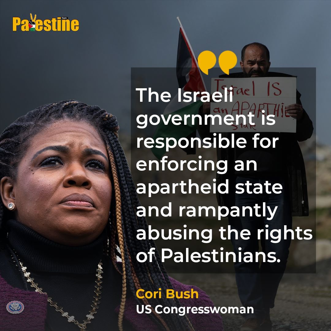 US Congresswoman Cori Bush announced that she will not attend the joint address of the 'Israeli president'.

She also asserted that the apartheid Israeli occupation is responsible for the Palestinian suffering.

 #فلسطين  #Palestine
#FaddenVotes