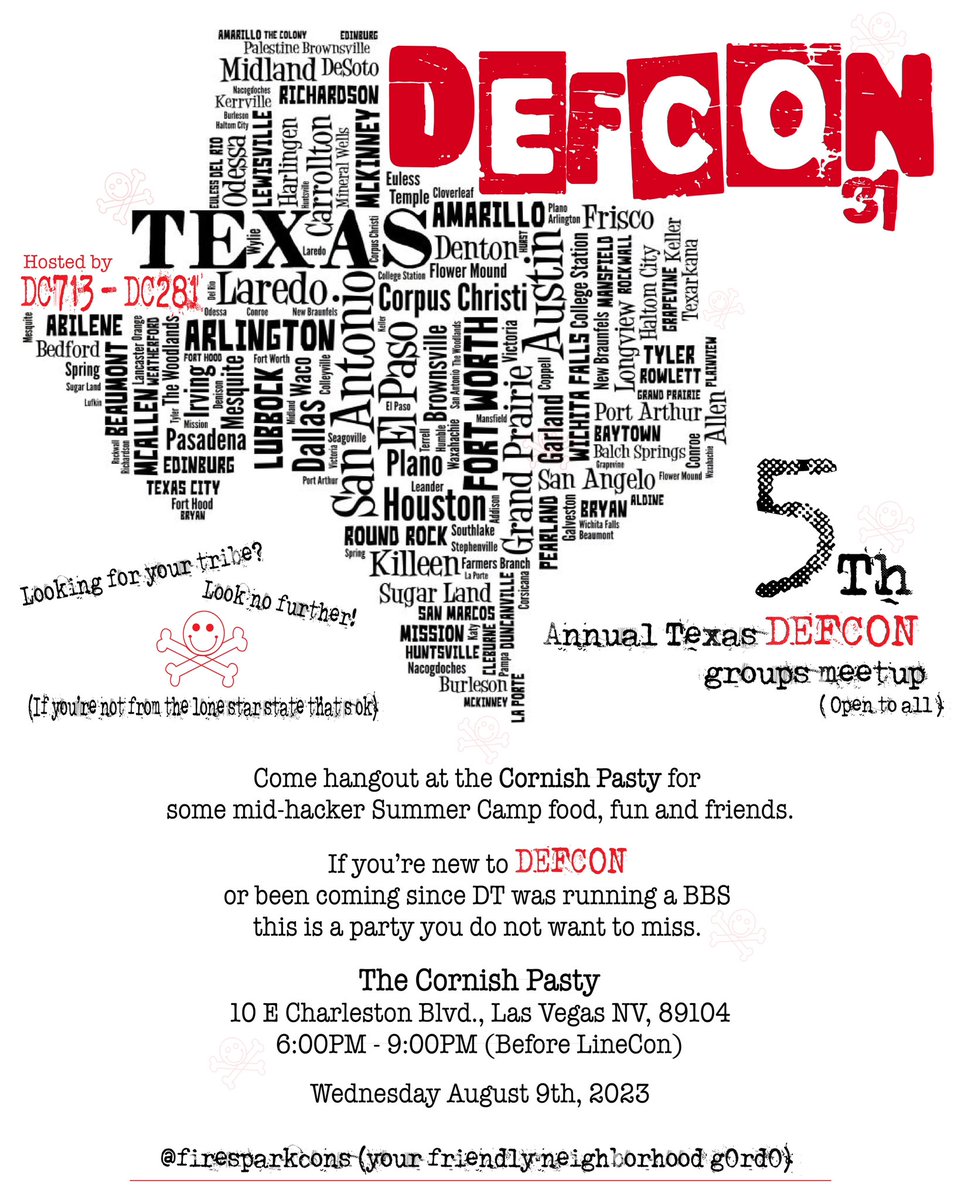 g0rd0 (@firesparkcons) on Twitter photo <a href="/defcon/">DEF CON</a> fam & friends - @dc713hou & <a href="/dc281houston/">DC281</a> are proud to invite you all again to our 5th annual Texas DC group meetup - info below! Spread the word #defcon31 <a href="/DC214DFW/">DEFCON Group DFW</a> <a href="/defcon512/">DEF CON 512</a> <a href="/DEFCONTX7v7/">DEFCON 1 TEXAS 7v7</a> <a href="/DCG940/">DC940</a> <a href="/DC210_/">DEFCON210</a> <a href="/defcongroups/">DEF CON Groups</a> <a href="/defcon/">DEF CON</a> fam & friends - @dc713hou & <a href="/dc281houston/">DC281</a> are proud to invite you all again to our 5th annual Texas DC group meetup - info below! Spread the word #defcon31 <a href="/DC214DFW/">DEFCON Group DFW</a> <a href="/defcon512/">DEF CON 512</a> <a href="/DEFCONTX7v7/">DEFCON 1 TEXAS 7v7</a> <a href="/DCG940/">DC940</a> <a href="/DC210_/">DEFCON210</a> <a href="/defcongroups/">DEF CON Groups</a>