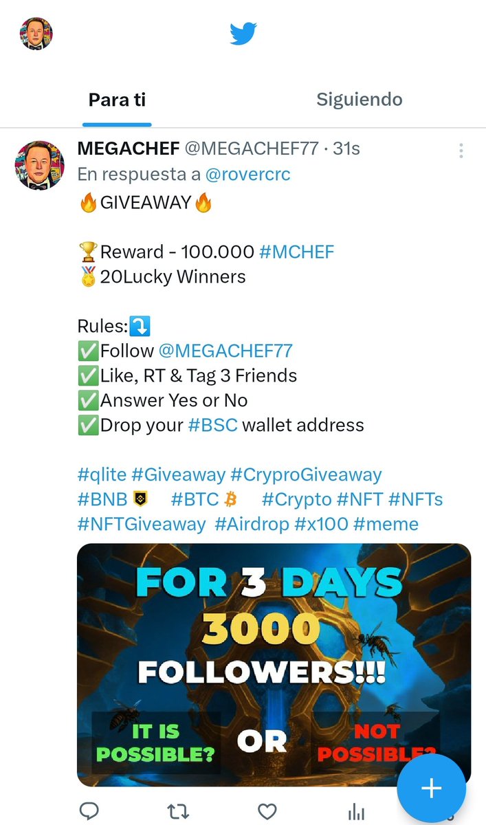 MEGACHEF77's tweet photo. @coingecko 🔥GIVEAWAY🔥

🏆Reward - 100.000 #MCHEF
🏅20Lucky Winners 

Rules:⤵️
✅Follow @MEGACHEF77
✅Like, RT &amp; Tag 3 Friends
✅Answer Yes or No
✅Drop your #BSC wallet address

#qlite #Giveaway #CryproGiveaway #BNB    #BTC    #Crypto #NFT #NFTs #NFTGiveaway  #Airdrop #x100 #meme https://t.co/wJBIX9hKRo