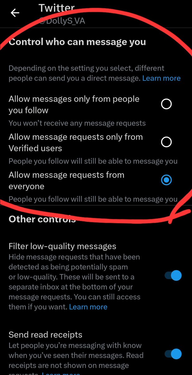 OMD...Twitter...I...
Important info for EVERYONE!!! DMs are now automatically "only verified can message"
You WILL need to go into settings to change this!!!
On the app, tap your profile picture and scroll down to settings and privacy...you know what? Let me just attach photos.