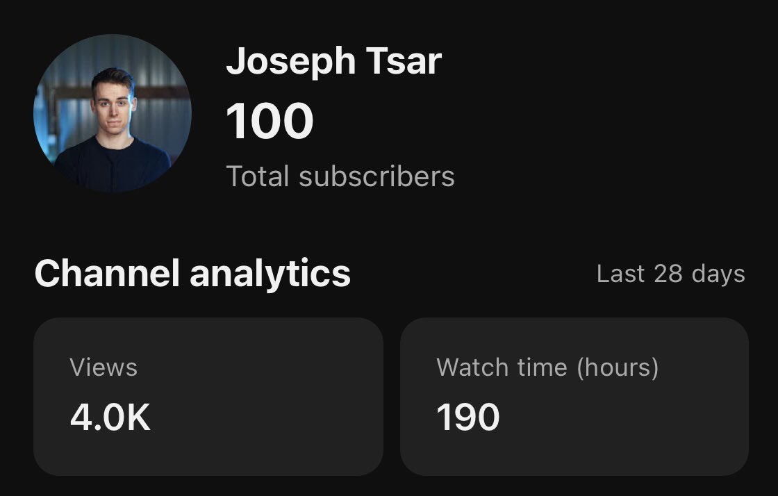 Finally achieved 100 subscribers after 30 videos uploaded and 3 months invested. 

It’s funny that I’m more excited over hitting this new milestone than the 2 others channels I operate with each over 100K subscribers (Joseph Todd & AceProductions). 

I believe in what this