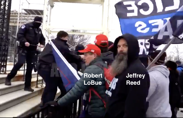 capitolhunters's tweet photo. On the W. Plaza Robert LoBue, once a respected attorney, stands next to the just-arrested Jeff Reed, #FirstFamilyPB, a Proud Boy so alarming that FBI investigated him in 2020 to assess if he could "conduct a terrorist act". LoBue is a case study: how did he get radicalized? 7/ https://t.co/aEMcoyEpCn