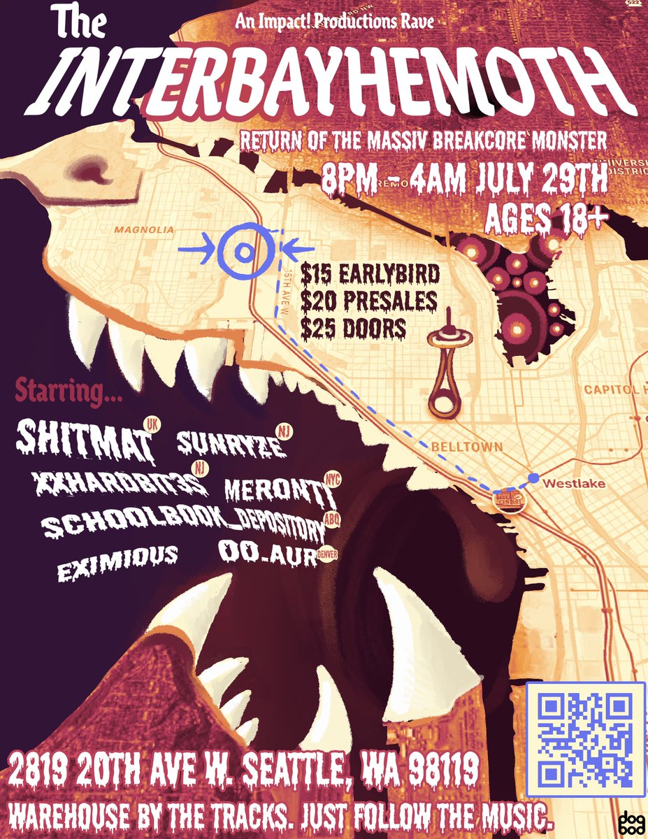 ImpactSeattle's tweet photo. THIS SUMMER
*dramatic panning across seattle skyline*

GET READY
*shocked ravers looking up as shadow descends over the city*

FOR THE
*a distant roar that sounds suspiciously like an amen break*

INTERBAYHEMOTH

JULY 29TH
https://t.co/puFtoE0yVe https://t.co/gOpiAA938y