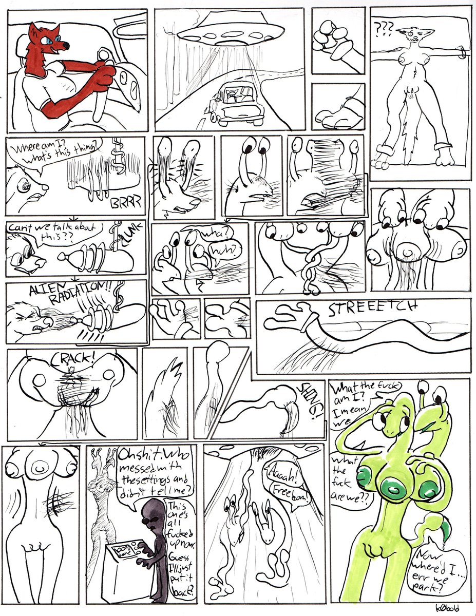 kob0ld's tweet photo. A dog gal gets abducted by aliens and transformed into a weird one piece by piece!

Practicing some comics and went overboard in hindsight, limiting myself to like 6 panels/page in the future haha. Had to bodge some arrows in to show the intended reading order.

#furry #transfur https://t.co/x6EWn0E2dX