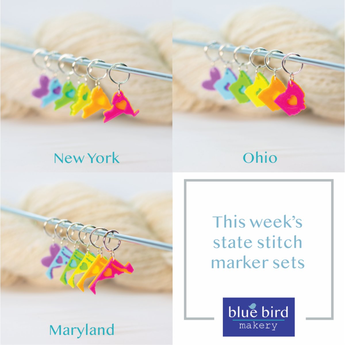 bluebirdmakery's tweet photo. Look what's new in our state stitch marker collection! In addition to Michigan, Indiana, and Pennsylvania, we've added New York, Ohio, Maryland, Minnesota, Wisconsin, and Illinois. New states will be coming to the shop every week until we have all 50!

https://t.co/HdhdFNj0Lt https://t.co/M8OU1UDFp1