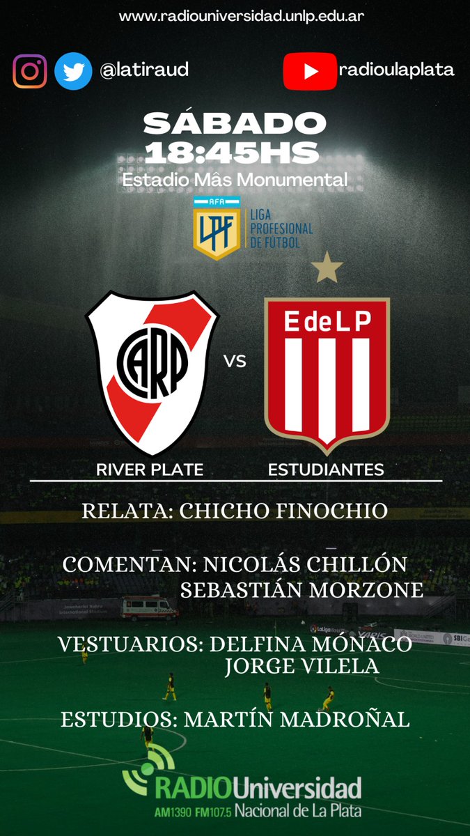 LaTiraUD's tweet photo. #SentimosElFutbol ⚽️
⏰ 18.45hs

#River 🆚  #EDLP 

🎙Relata: @lucasfinochio 
 🗣Comentan: @nicolaschillon @sebamorzone  
Junto a @_delfinamonaco Jorge Vilela @emealcubo1 y equipo
 
📻 @radioulaplata
📱 https://t.co/3jNfXmiYq8…
🌐https://t.co/rNxXe89Mgm https://t.co/QpLVRCK31o