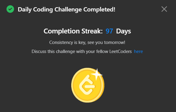 0NOSNA0's tweet photo. Daily Leetcode challenge Tweet:                                                                                   
Day - 97  solved @LeetCode daily challenge  #100DaysOfCode #DSA #codinglife https://t.co/jVd15J2iHh