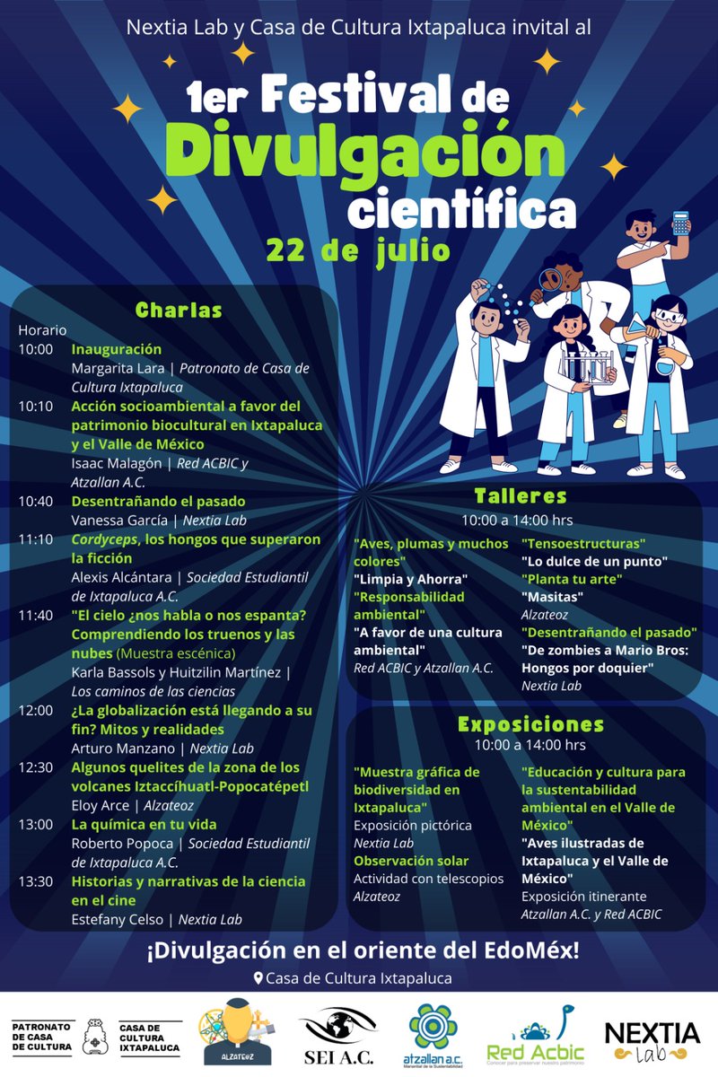 Atzallan's tweet photo. Conoce el #Programa del 1er #Festival de #DivulgaciónCientífica en el que estaremos participando con #Conferencia, #Talleres y #Exposiciones.
#ElAmbienteNosUne #NextiaLab #RedACBIC #AtzallanMeInspira 👩🏽🔬🌎🍃🧪🧫🛰️✨
🚩 LUGAR: Patronato Casa de Cultura Ixtapaluca. https://t.co/LWQy4b8pe8