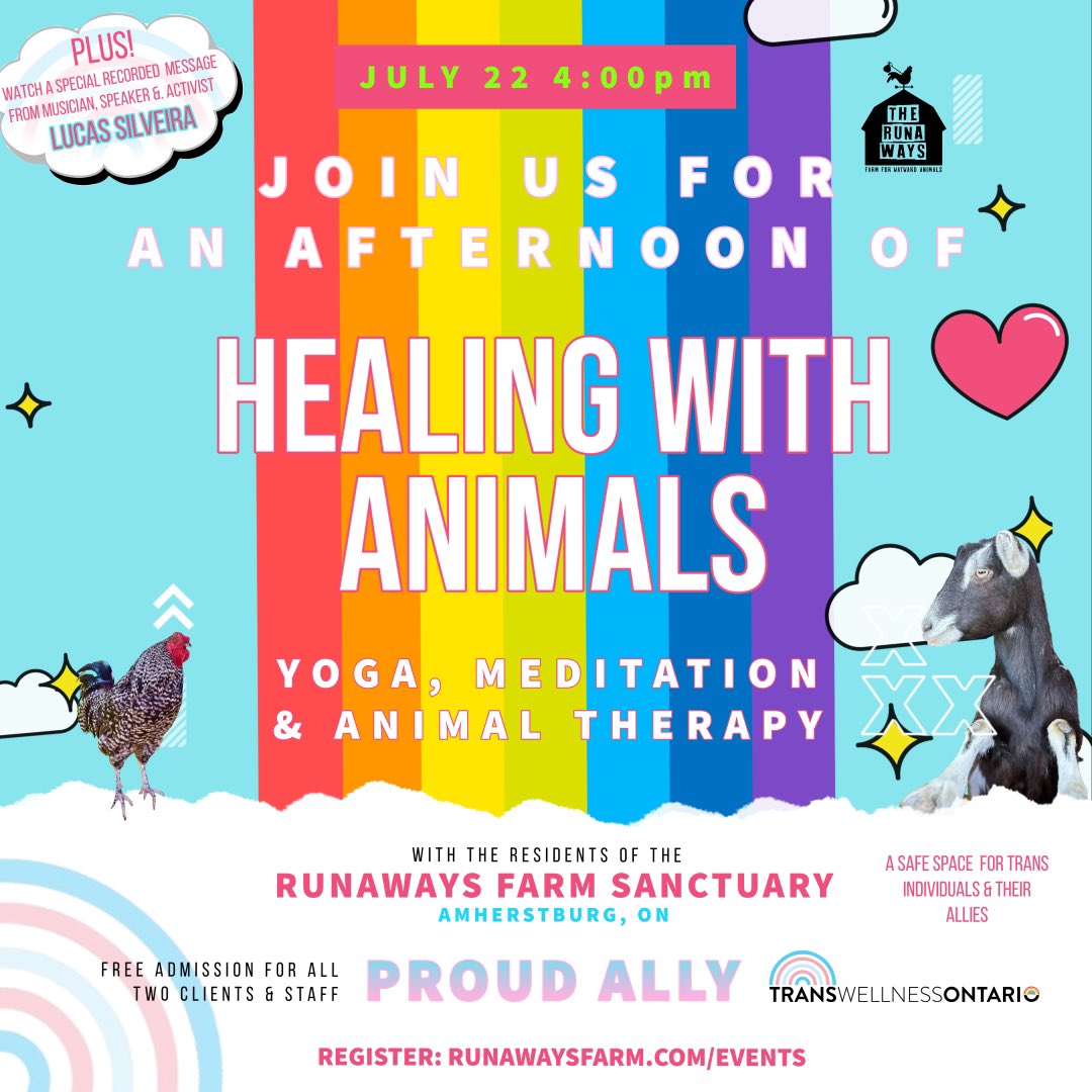 Join us at Runaways Farm Sanctuary July 22 for Healing With Animals with <a href="/transwellnesson/">Trans Wellness Ontario</a> FREE for all members, staff &amp; allies. 🩵🩷