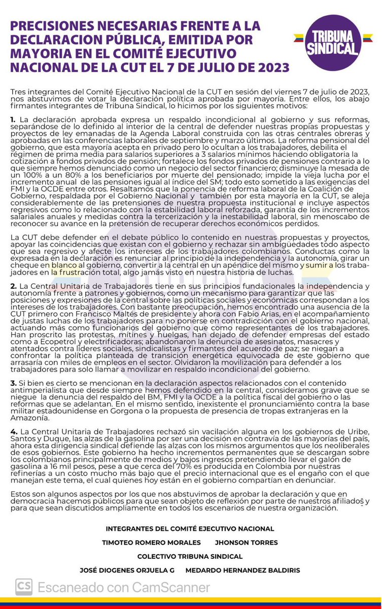 JhonsonTO's tweet photo. Precisiones necesarias frente a la Declaración Política emitida por la mayoría del Comité Ejecutivo de la @cutcolombia el pasado 7 de julio de 2023. 

Comunicado de @SindicalTribuna https://t.co/Xg4hnn7h9z