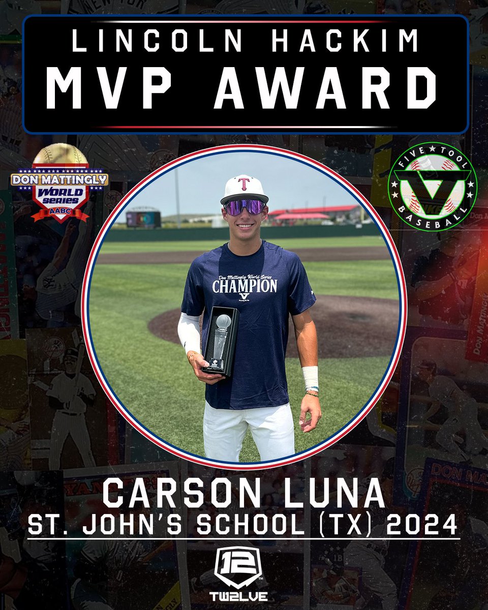 Five Tool Baseball (@fivetool) on Twitter photo Congrats to 2024 <a href="/TwelveRecruits/">Texas Twelve Recruiting</a> Red Sox’s Carson Luna (<a href="/Carsonluna09/">Carson Luna</a>) on being named the Lincoln Hackim MVP Award winner.
St. John School (TX) 2024 • <a href="/TexasBaseball/">Texas Baseball</a> commit
#MattinglyWS / <a href="/FiveToolTexas/">✭Five Tool Texas✭</a>
Profile: fivetool.org/players/903932… Congrats to 2024 <a href="/TwelveRecruits/">Texas Twelve Recruiting</a> Red Sox’s Carson Luna (<a href="/Carsonluna09/">Carson Luna</a>) on being named the Lincoln Hackim MVP Award winner.
St. John School (TX) 2024 • <a href="/TexasBaseball/">Texas Baseball</a> commit
#MattinglyWS / <a href="/FiveToolTexas/">✭Five Tool Texas✭</a>
Profile: fivetool.org/players/903932…