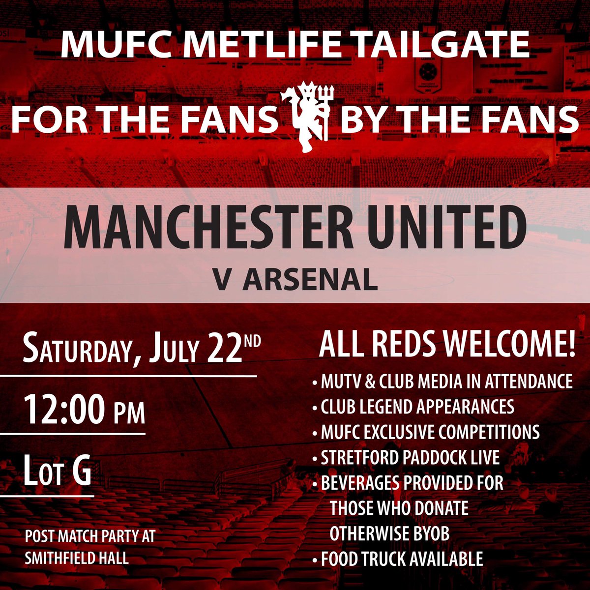 MUFCNewYorkReds's tweet photo. New York, we’ve got a MASSIVE week coming up…

Thursday Night: 
A Night With Wes Brown, hosted by Andy Mitten
RSVP ONLY, limited spots available - email us for availability

Friday night:
Fan Meetup

Saturday: 
MUFC MetLife Tailgate

See the flyers below for more info.
Let’s go! https://t.co/0ifLvpqO80