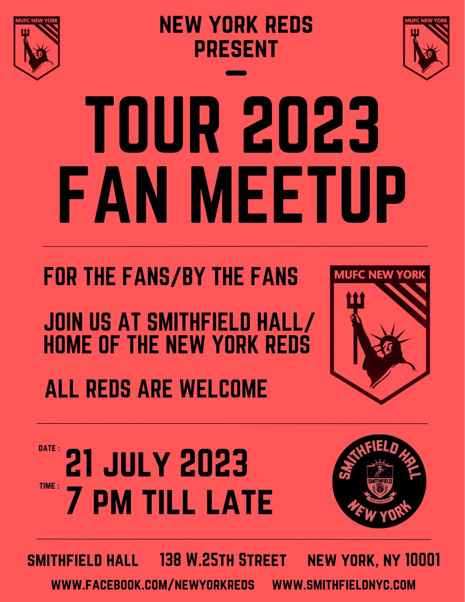 MUFCNewYorkReds's tweet photo. New York, we’ve got a MASSIVE week coming up…

Thursday Night: 
A Night With Wes Brown, hosted by Andy Mitten
RSVP ONLY, limited spots available - email us for availability

Friday night:
Fan Meetup

Saturday: 
MUFC MetLife Tailgate

See the flyers below for more info.
Let’s go! https://t.co/0ifLvpqO80
