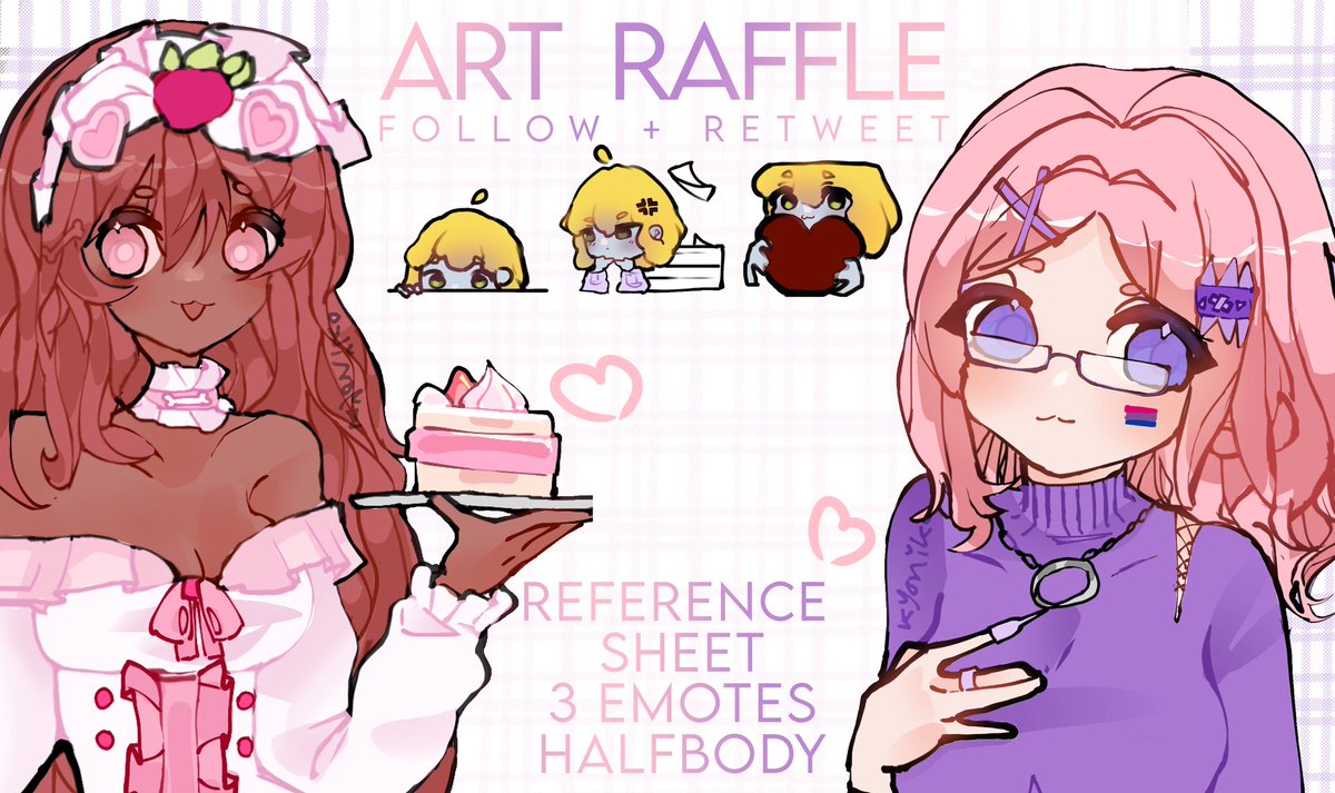 kyoniko_21's tweet photo. #Raffles #raffle 
doing an art raffle with some pretty cool prizes :D
Reqs : follow &amp; retweet 
prizes : reference sheet / original character design 
                Halfbody art
                3 emotes
Winners : new winner every 80 retweets! 
Ends on 18th August :D https://t.co/UsjKUh1yn0