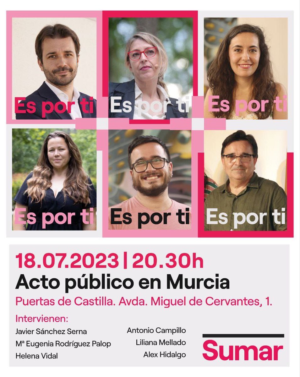 Gran acto central de campaña de <a href="/sumar/">Sumar</a> en #RegiónDeMurcia‼️

👉🏽 Murcia 
⏰ 20:30h Martes 18
📍Puertas de Castilla. Av. Miguel de Cervantes, 1.
Defiende tus derechos! Conoce a tus candidatos!