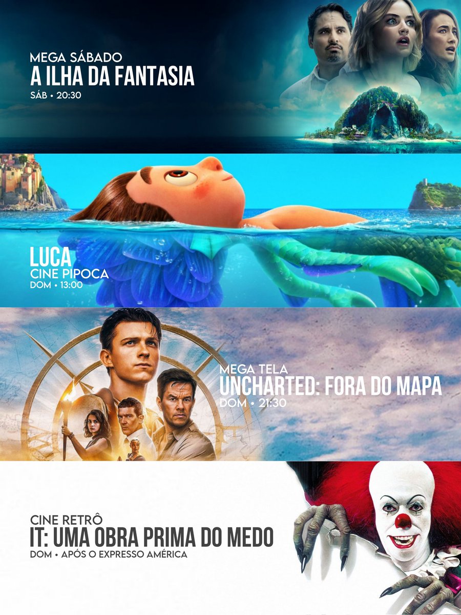 Amercatv's tweet photo. O melhor do cinema no seu fim de semana! Filmes inéditos #AIlhaDaFantasia #Luca e #UnchartedForaDoMapa. E um clássico do terror internacional #ItUmaObraPrimaDoMedo 🔥🎞️ https://t.co/VS6bjQHyo6