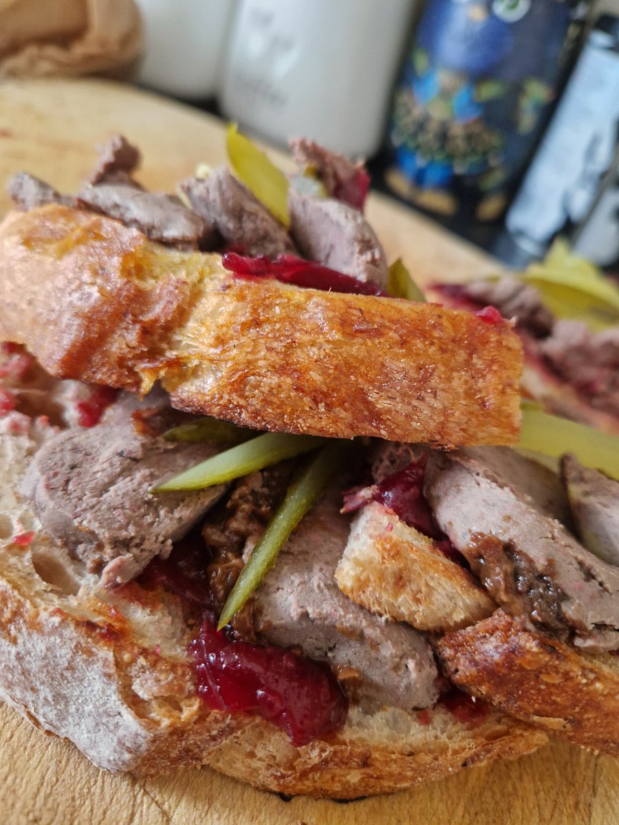 hecooksalot's tweet photo. Saturday evening Toasted Novak's Sourdough and Rabbit Liver Pate from Olivier @TheMilkMarket with some pickled gherkin and last of the 2022 cranberry jam #localisbest #realbread https://t.co/8E0r0slmMF