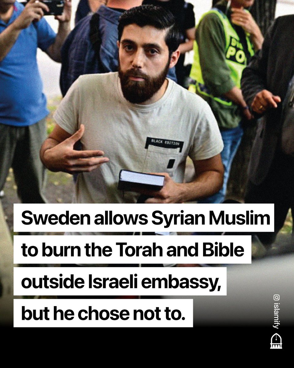 A Syrian Muslim obtained permits which would allow him to burn the Torah and Bible outside of the Israeli embassy in Sweden.

However he chose not to burn the books, instead he said it was to draw  attention to the burning of the Qurʾān which happened last month. He turned up