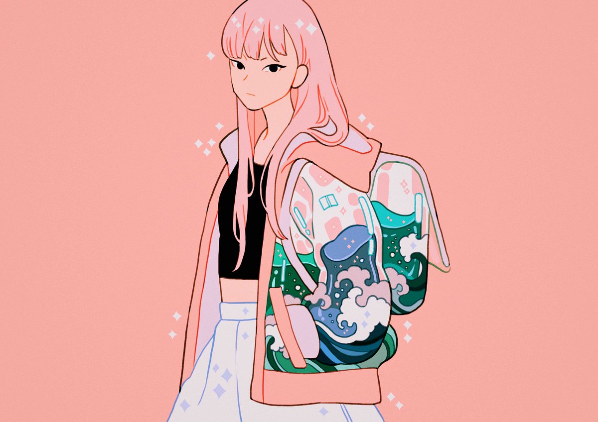 1girl solo pink hair pink background leaf long hair sparkle  illustration images
