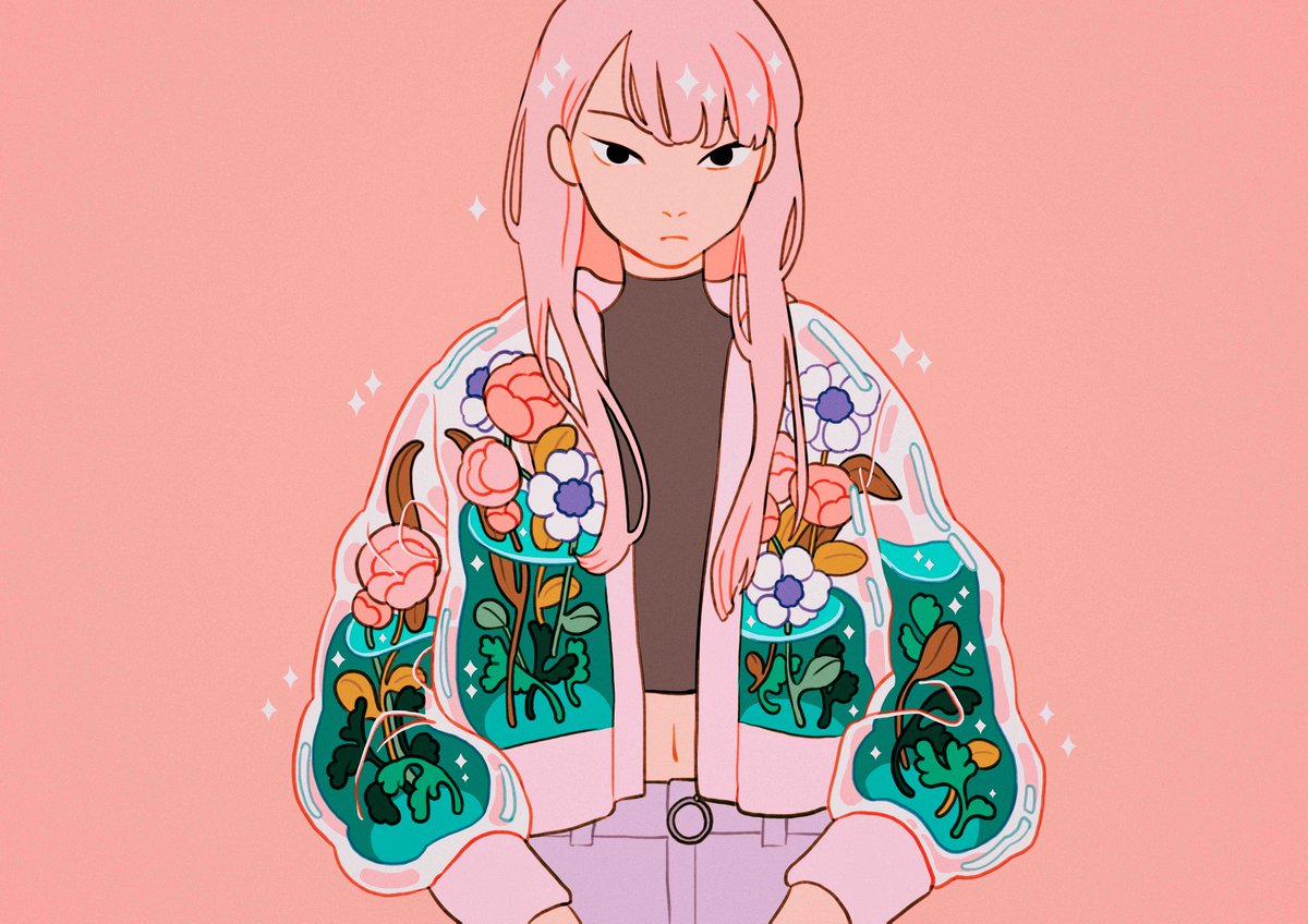 1girl solo pink hair pink background leaf long hair sparkle  illustration images