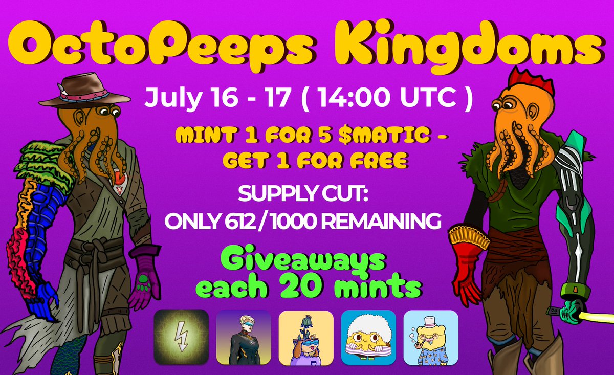 OctoPeepsNFTs's tweet photo. Tomorrow at 2:00 PM (UTC) OctoPeeps Kingdoms mint will be enabled.

We are starting from 1+1 BOGO offer when you can mint 1 octo for 5 $MATIC and get 1 for FREE. It will last for 48h and after that we will continue a simple mint.

We have set a goal for our mint party to reach 700 NFTs. Currently, we have reached 612. Every 20 mints will initiate a giveaway among minters. Prizes will be a Polygon OGs such as @TacoTribeNFTs, @DaturiansNFT, @cryptocrewnfts, @FeatherFrogs.

If we achieve 700 mints within two days, we will run a giveaway for all those who have minted. The giveaway prize will be a @CrazyBearsNFT.

❣️ And one more important thing, we decided to do:
We are cutting the supply for OctoPeeps Kingdoms to 1000 NFTs, so basically there are 388 NFTs left.

Why are we doing this? 

First of all, we wanna provide a real value behind NFTs we sell. And this collection was designed to be used in the game, so until the moment we have a clear plan for this, mint will be paused. And will be ONLY enabled when the game will be in beta. 

Secondly, we want to make a donation when we reach 1000 mints. 15% will go to Oceanic Society Organization and the other 15% will be sent back to our holders.

Mint will be available here as usual: https://t.co/B6ihekHUoo

Thank you for your attention!
GN and see you tomorrow 🌙