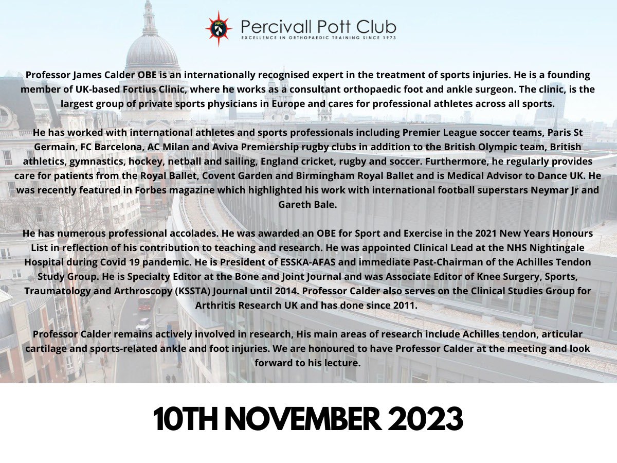 The Percivall Pott Orthopaedic Club (@pottrotation) on Twitter photo We are excited to announce our fourth guest speaker for the 50th ASM…Prof. James Calder !
Registration is free! pottrotation.co.uk
Early bird dinner tickets available (subsidised spouse tickets currently sold out)
#orthotwitter <a href="/BartsBoneJoint/">Bone and Joint Health</a> <a href="/FortiusClinicUK/">Fortius Clinic UK</a> We are excited to announce our fourth guest speaker for the 50th ASM…Prof. James Calder !
Registration is free! pottrotation.co.uk
Early bird dinner tickets available (subsidised spouse tickets currently sold out)
#orthotwitter <a href="/BartsBoneJoint/">Bone and Joint Health</a> <a href="/FortiusClinicUK/">Fortius Clinic UK</a>