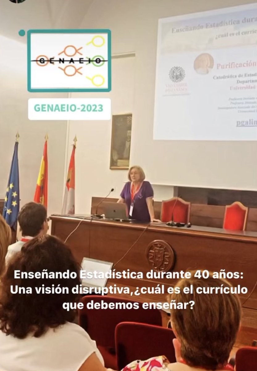 genaeio2023's tweet photo. Charla-Coloquio: "Enseñando Estadística durante 40 años: Una visión disruptiva,¿cuál es el currículo que debemos enseñar?" a cargo de  @PuriGalindo del Dpto. de Estadística e I.O. de la @usal en @genaeio2023 https://t.co/yRfNrA6fBV