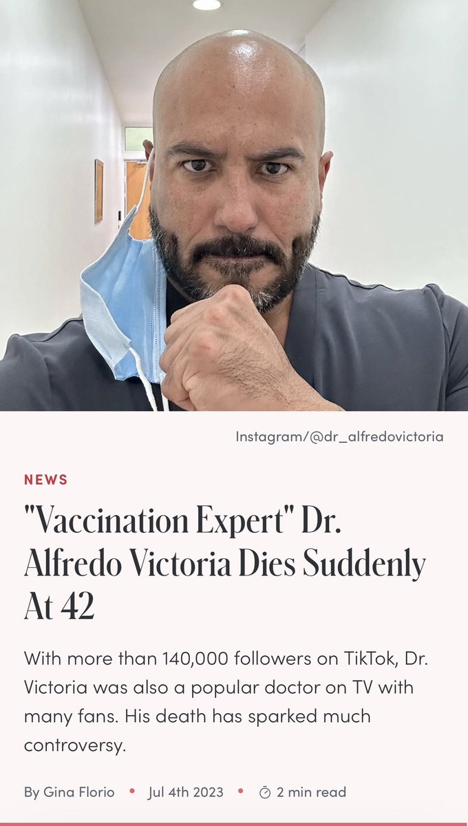 “The world has been shocked by the sudden death of a renowned 'vaccination expert,' Dr. Alfredo Victoria Moreno. Known to many from his regular appearances on 'Mexico Today,' Dr. Alfredo was a passionate advocate of Covid mRNA vaccines. The 42-year-old public health specialist