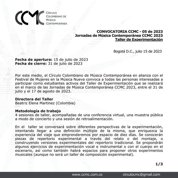 ccmc_musica_co's tweet photo. TALLER DE EXPERIMENTACIÓN
Les invitamos a participar como estudiantes activas/os en el Taller de Experimentación que se realizará en el marco de las JMC 2023.
Proyecto apoyado por el Ministerio de Cultura - Programa Nacional de Concertación Cultural https://t.co/0cHRhWNR5e