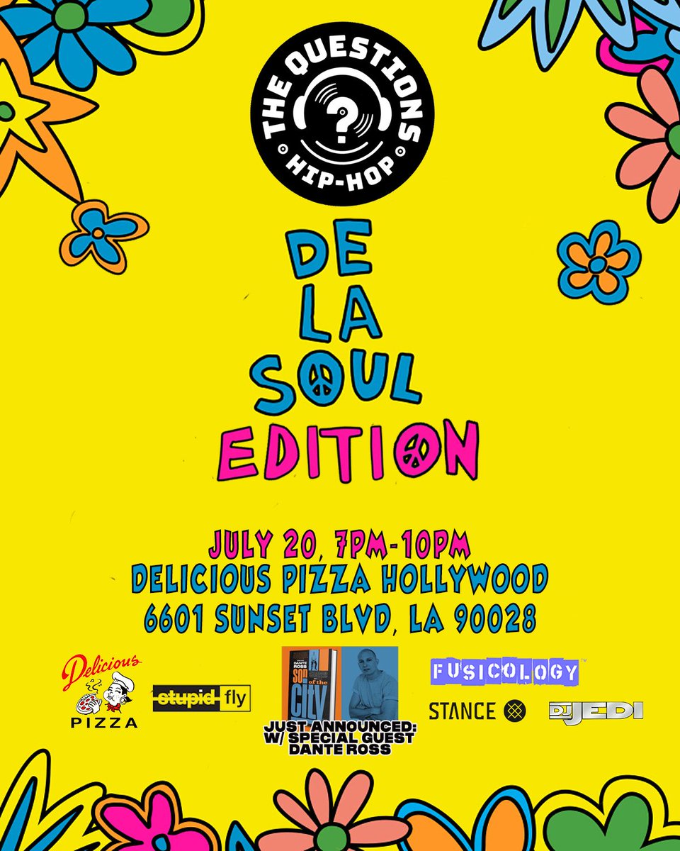 De La Soul Edition @ Delicious Pizza HollywoodA celebration of the music and legacy of hip-hop pioneers De La Soul, featuring a themed-trivia game show courtesy of The Questions Hip-Hop. Live De La set from DJ Jedi, prizes, food, drink, special guest #

deliciouspizza.com/de-la-soul-edi…