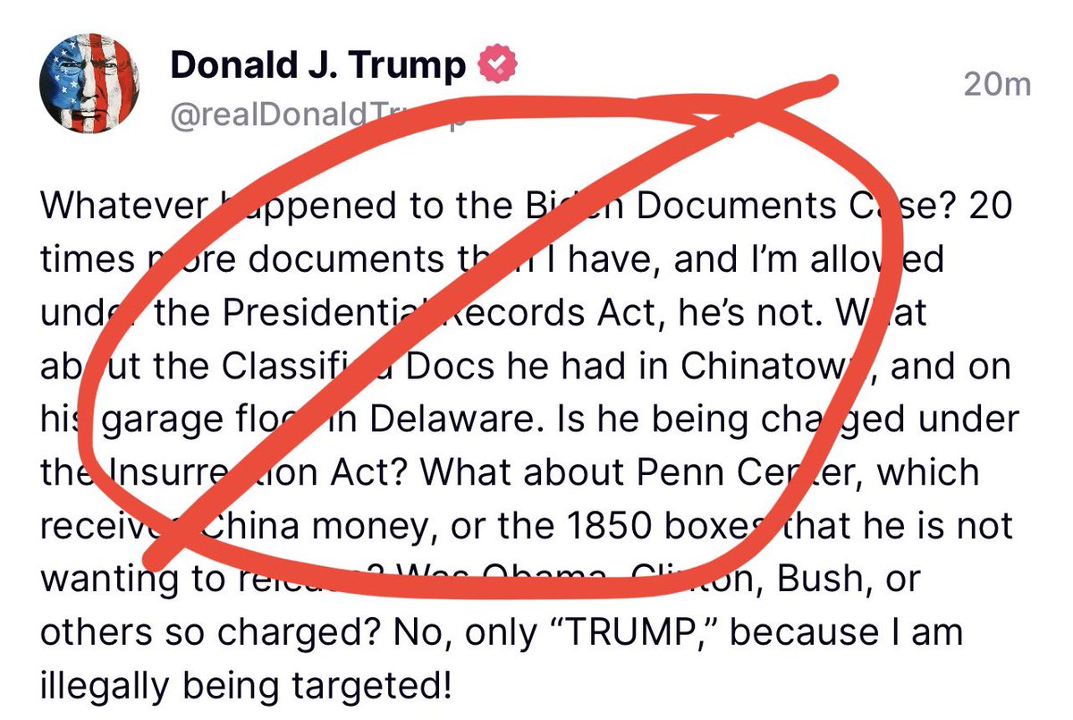 MuellerSheWrote's tweet image. NEW: Donald was silent for 20 hours, then he posted this. Why did he mention the insurrection act in a post about documents? Has he been sent a target letter for 1/6?