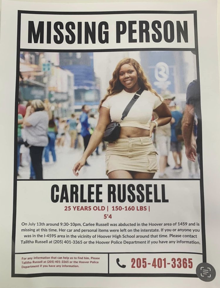 4029Chip's tweet photo. It’s day two of the search for Carlee Russell. Family and friends say the best thing everyone can do right now is share this flyer. We’ll have live reports from Hoover starting at 5 p.m. on #WVTM13. https://t.co/8Ls5Iy1tGT