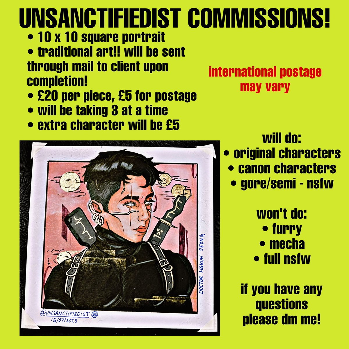 hi there! I’ll be opening my commissions for traditional art! taking 3 slots at a time, please dm if interested or have any questions!