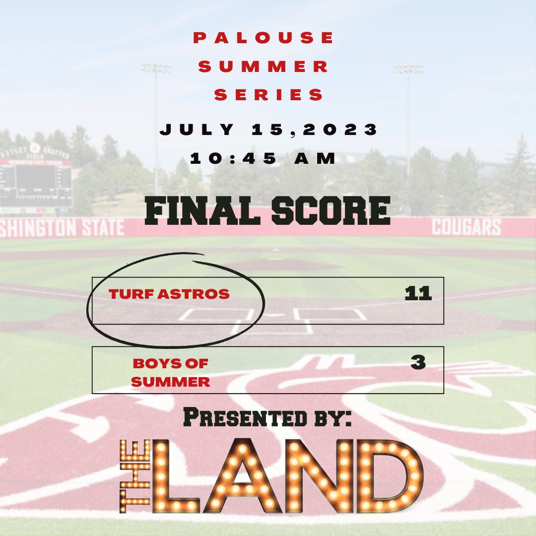 Final score for 7/15/23 10:45 am game between  Turf Astros vs. Boys of Summer at WSU!

Presented by: The Land