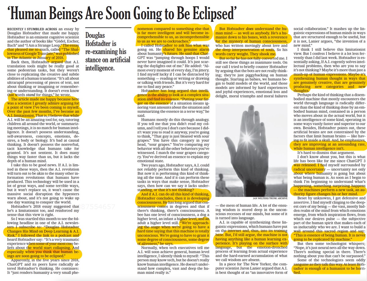“We’re approaching the stage when we’re going to have a hard time saying that this machine is totally unconscious."—Douglas Hofstadler
nytimes.com/2023/07/13/opi… by <a href="/nytdavidbrooks/">David Brooks</a> #AI #ChatGPT <a href="/nytopinion/">New York Times Opinion</a>