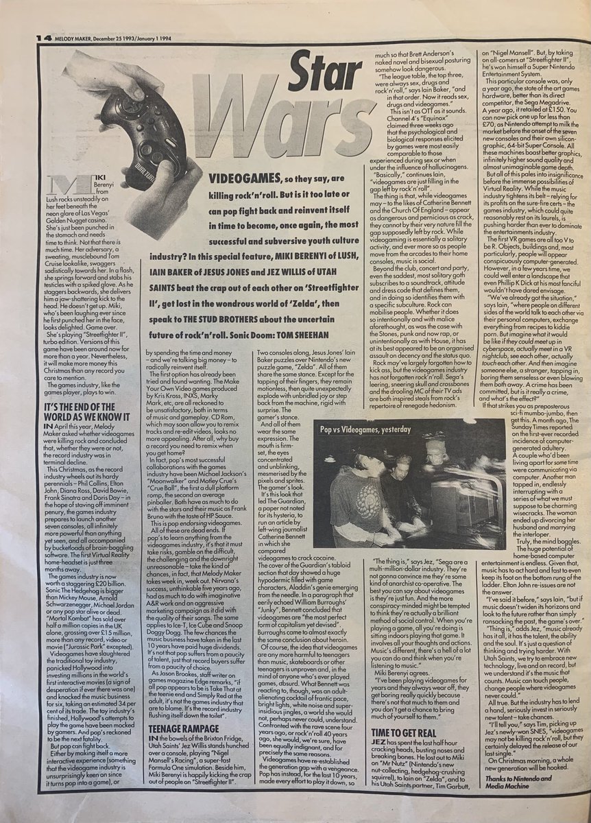 Videogames! Miki Berenyi of Lush, Iain Baker of Jesus Jones and Jez Willis of Utah Saints play! The Sud Brothers report. Tom Sheehan takes the pictures. Melody Maker, 25 December 1993/1 January 1994. #MelodyMaker
#MyLifeInTheUKMusicPress #1993 #1994 https://t.co/ORG0KjRQAE