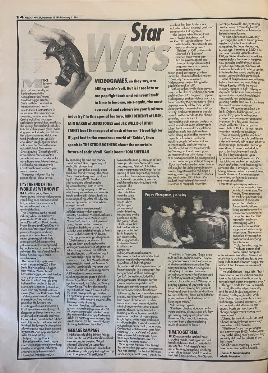 Videogames! Miki Berenyi of Lush, Iain Baker of Jesus Jones and Jez Willis of Utah Saints play! The Sud Brothers report. Tom Sheehan takes the pictures. Melody Maker, 25 December 1993/1 January 1994. #MelodyMaker 
#MyLifeInTheUKMusicPress #1993 #1994 https://t.co/ORG0KjRQAE