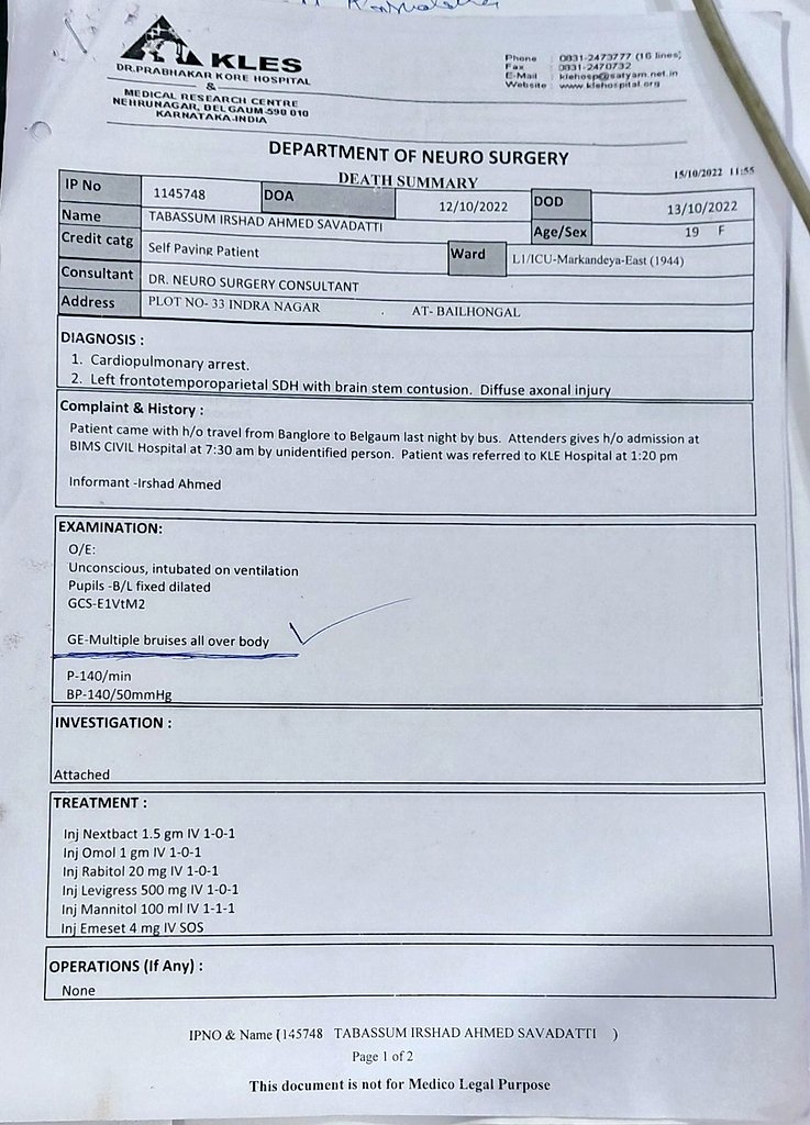.<a href="/siddaramaiah/">Siddaramaiah</a> Sir, Tabassum-19 year's, r/o Bailhongal,Belagavi Dist was admitted in a Govt Hospital in an unconscious stage on 12th Oct 2022 later she died, It happened during BJP rule and till now the causes of death is not know./1
<a href="/DgpKarnataka/">DGP KARNATAKA</a> <a href="/PriyankKharge/">Priyank Kharge / ಪ್ರಿಯಾಂಕ್ ಖರ್ಗೆ</a> <a href="/DrParameshwara/">Dr. G Parameshwara</a>