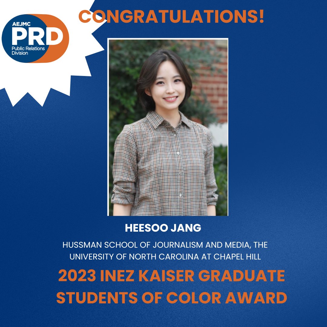 AEJMC_PRD's tweet photo. Let's take a moment to celebrate some accomplishments... Give a warm round of applause to our 2023 Inez Kaiser Graduate Students of Color Awardees! Congratulations Mohammad Ali and @HeesooJang2! https://t.co/gopjK0mP5N