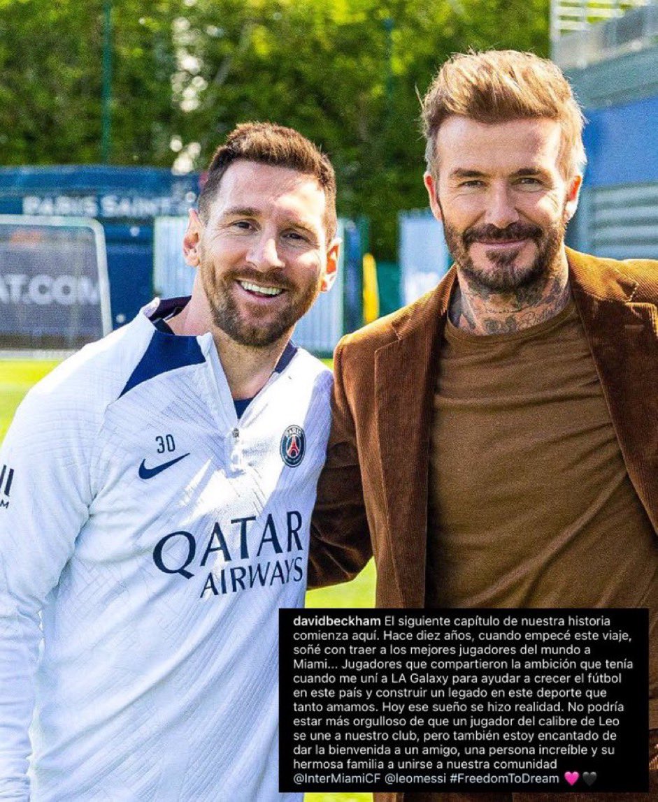 verobrunati's tweet photo. David Beckham en IG para Lionel #Messi: “El siguiente capítulo de nuestra historia empieza aquí. Hace diez años cuando empecé este viaje soñaba con traer al mejor jugador del mundo. Jugadores que tuvieran la ambición que yo tuve cuando me sumé a LA Galaxy para ayudar a que crezca el fútbol de este país y dejar un legado en este deporte que amo tanto. El sueño se hizo realidad. No puedo estar más orgulloso de que Lionel Messi se una a nuestro club. Estoy encantado de darle la bienvenida a un amigo, una increíble persona y a su hermosa familia y que se unan a nuestra comunidad en @InterMiamiCF #FreefomToDream “