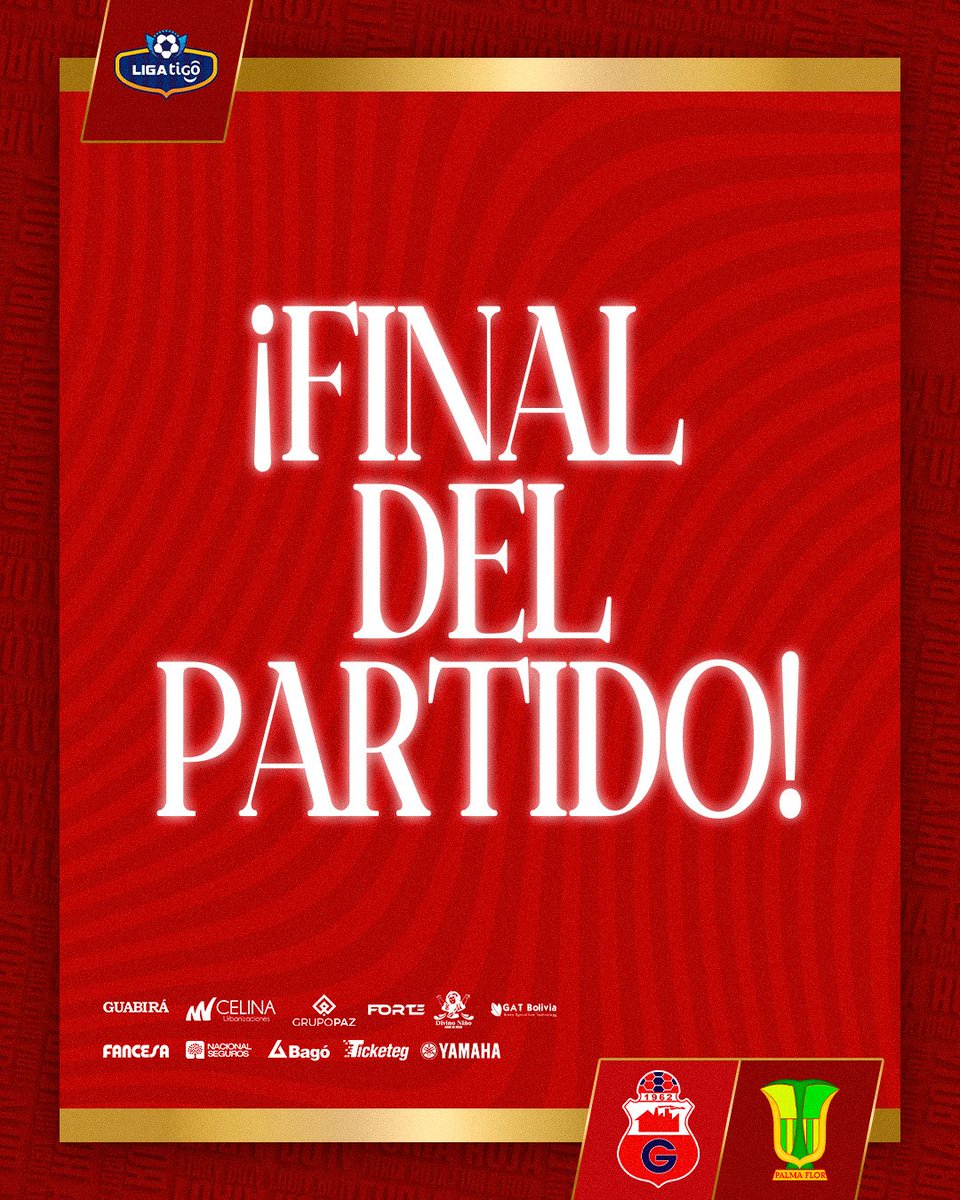 ⏰️ 90+4 | FINAAAAAAAAAAL FINAL FINAL
🏁 FP: 🔴 Guabirá (1) 🆚️ (0) Palmaflor 🔵 
⚽️ <a href="/S_Llamas/">sergio llamas</a> 29'

#VamosRojo ❤️‍🔥
#ConDiosTodoEsPosible | #OrgulloYPasion
