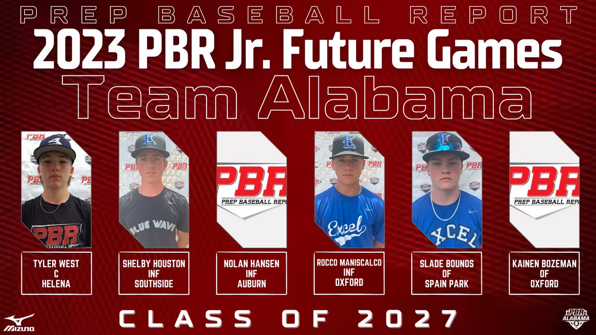 #PBRJFG23: 𝐀𝐥𝐚𝐛𝐚𝐦𝐚 (𝟐𝟎𝟐𝟕)

+ Introducing the following 2027's who will be repping #TeamAL on 7/25-7/30 at <a href="/LakePointSports/">LakePoint Sports</a>.

• Tyler West
• <a href="/ShelbyHous58423/">Shelby Houston</a>
• <a href="/Nolan7108/">Nolan Hansen</a>
• Rocco Maniscalco
• Slade Bounds
• @BozemanKai62166

#BamaBoys x @PrepBaseball