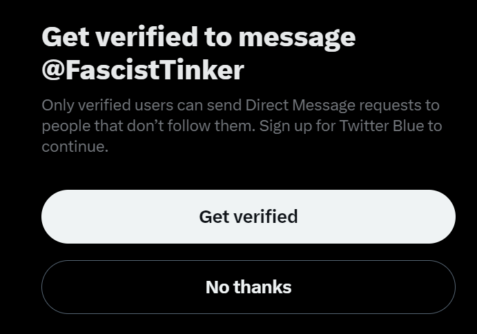 eveofrevolution's tweet photo. Just got this when I clicked on a message request with one of those spam links.  TO MESSAGE WHO NOW?????  god twitter is such a cesspool https://t.co/vhLffCNLRS