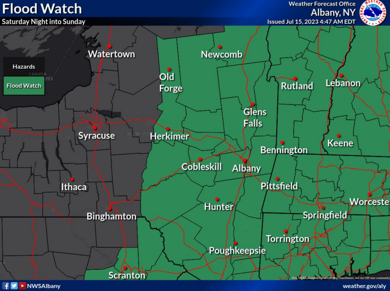 A Flood Watch is in effect for eastern NY and western New England overnight through Sunday for possible flash flooding. Rainfall amounts of 1-2