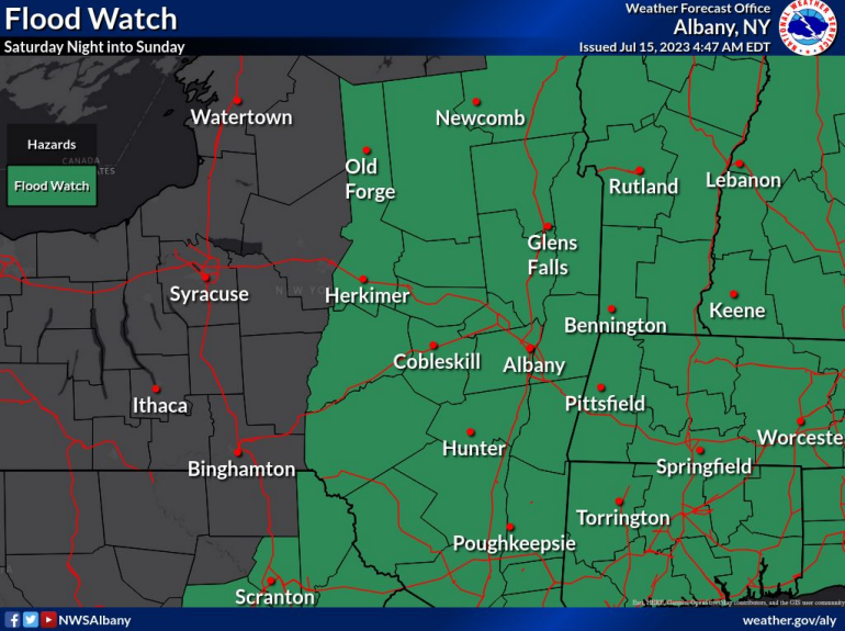 A Flood Watch is in effect for eastern NY and western New England overnight through Sunday for possible flash flooding.  Rainfall amounts of 1-2