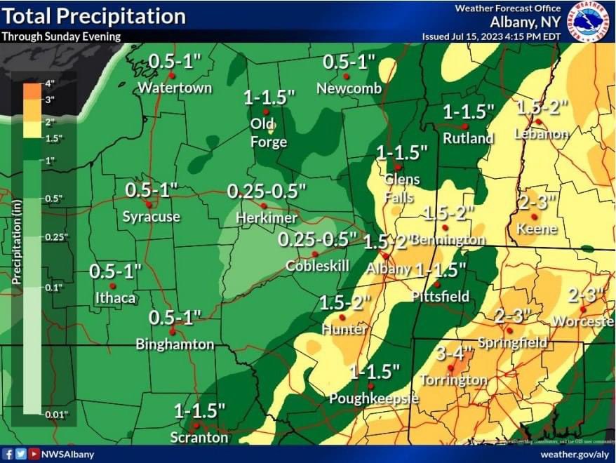 A Flood Watch is in effect for eastern NY and western New England overnight through Sunday for possible flash flooding. Rainfall amounts of 1-2