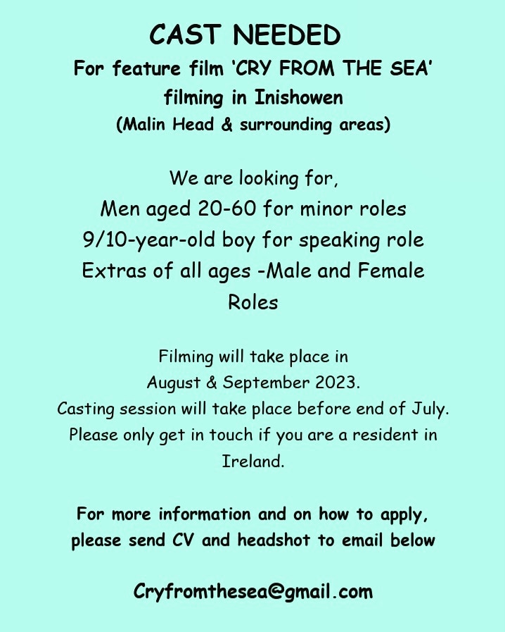 donegalfilm's tweet photo. Fancy being in a film ? 'Cry from the Sea' will be shooting in late August and the team are looking for minor roles and extras. Details below. @sepiafilms @ShinAwiL @wrap_fund #donegalfilmoffice #lovedonegal https://t.co/5L1UfOJfXH