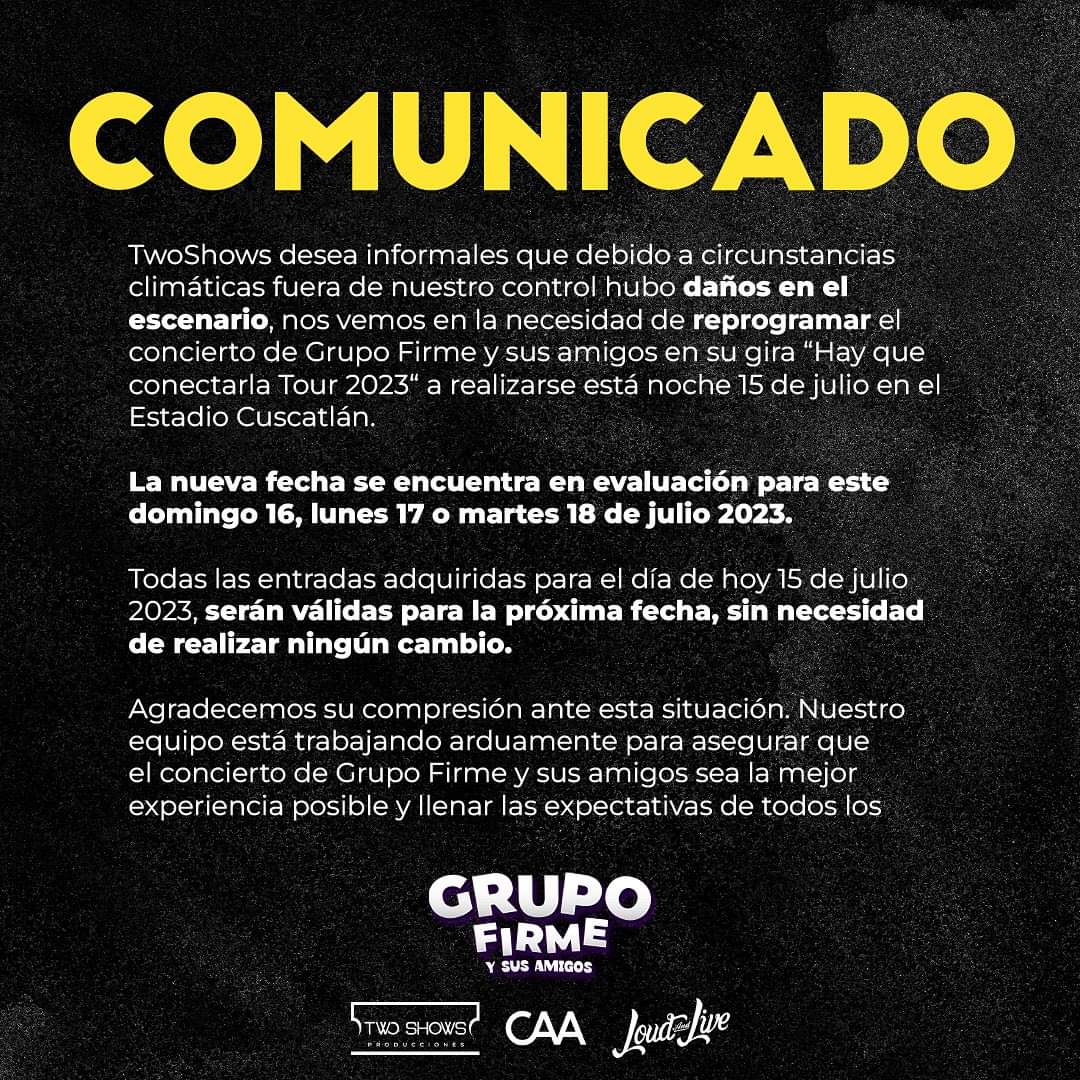 PartySV_'s tweet photo. Twoshows confirma que se suspende el concierto de Grupo Firme este día, posiblemente será reprogramado para este Domingo 16, Lunes 17 y Martes 18 de Julio.
Pendientes más información 🤠
#Partysv https://t.co/MsJnX437N0