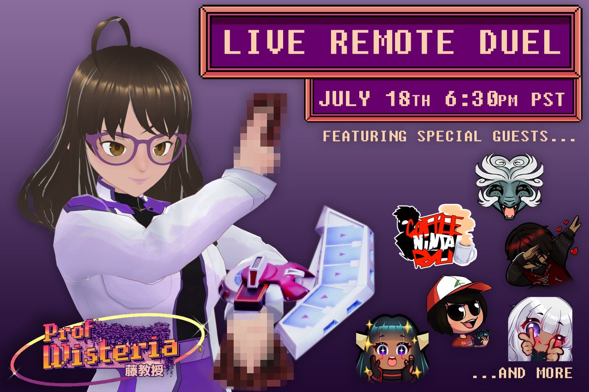 I'm proud to announce an IRL Remote Duel TCG Tournament taking place July 18 at 6:30PM PST!
This event is filled with some awesome content creators!  
Come out and cheer for your favourite set of hands shuffling actual cardboard on stream!